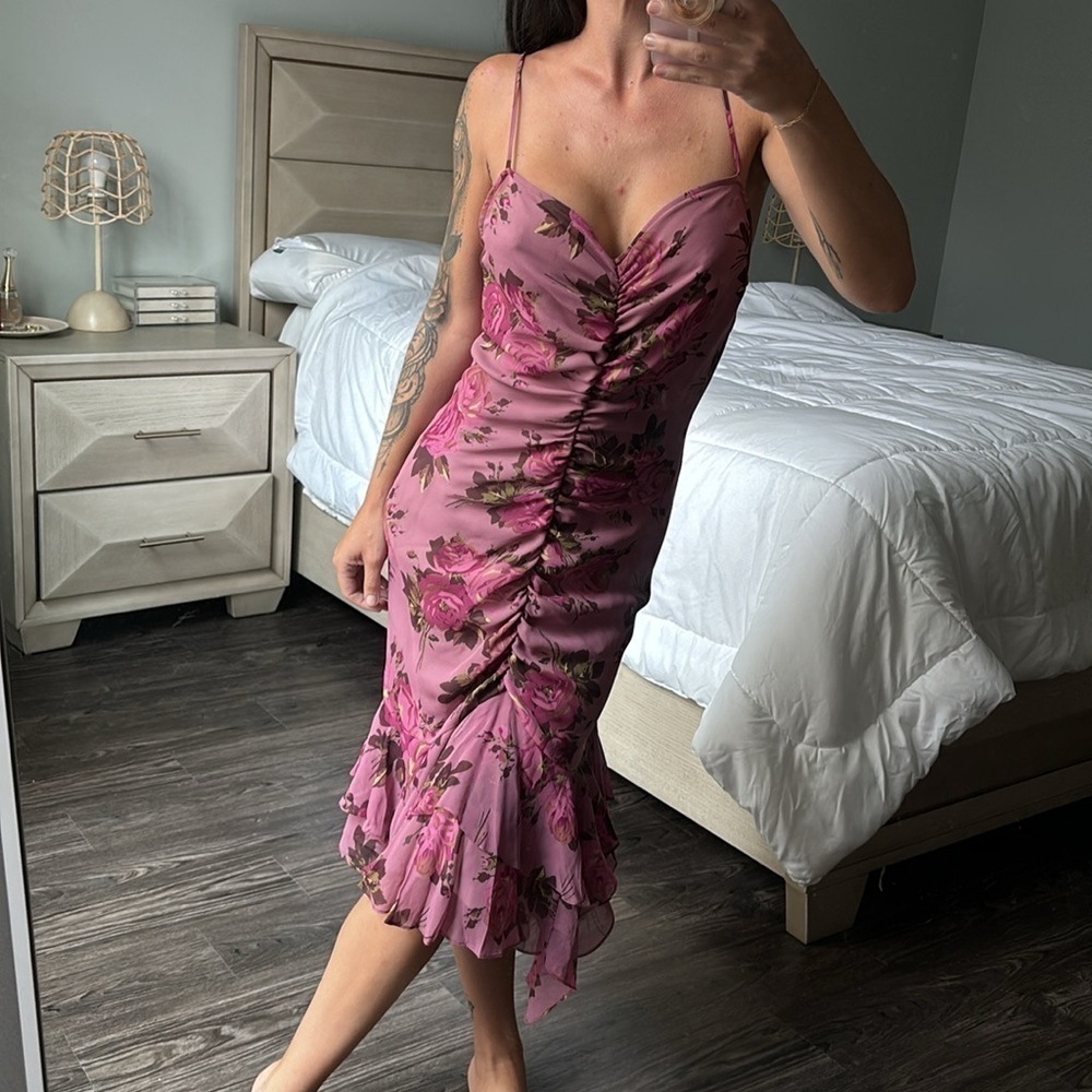 Vintage Betsey Johnson 100% Silk Ruffled Floral Midi Slip Dress